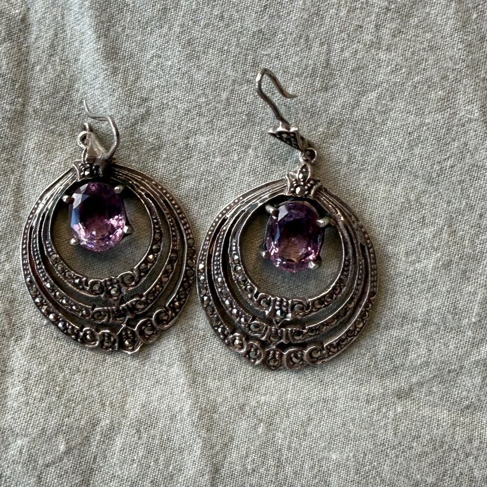 Art Nouveau Sterling Silver and Lilac Amethyst Surrounded by Marcasite Earrings